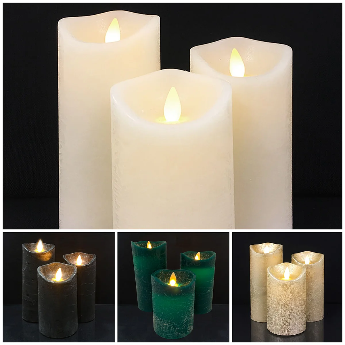 LED blok stearinlys - RUSTIK - 3 stk. - 10/12,5/15 cm - m/3D flamme - (flere farver)