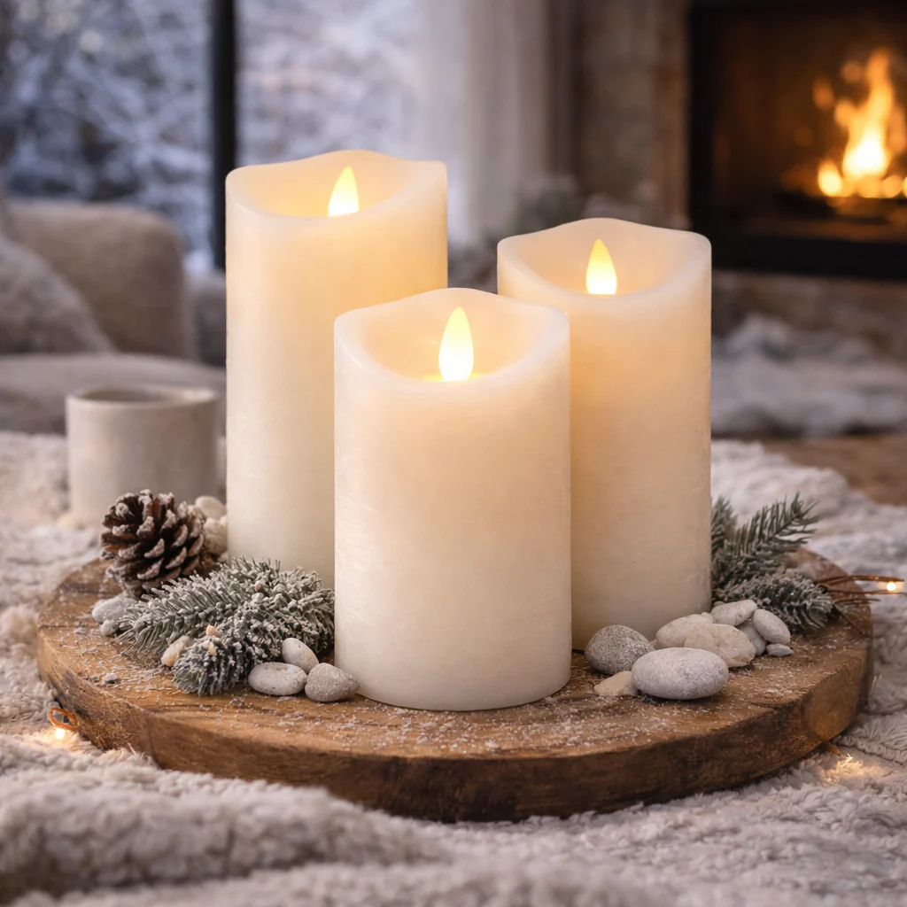 LED blok stearinlys - RUSTIK - 3 stk. - 10/12,5/15 cm - m/3D flamme - (flere farver) - Image 3