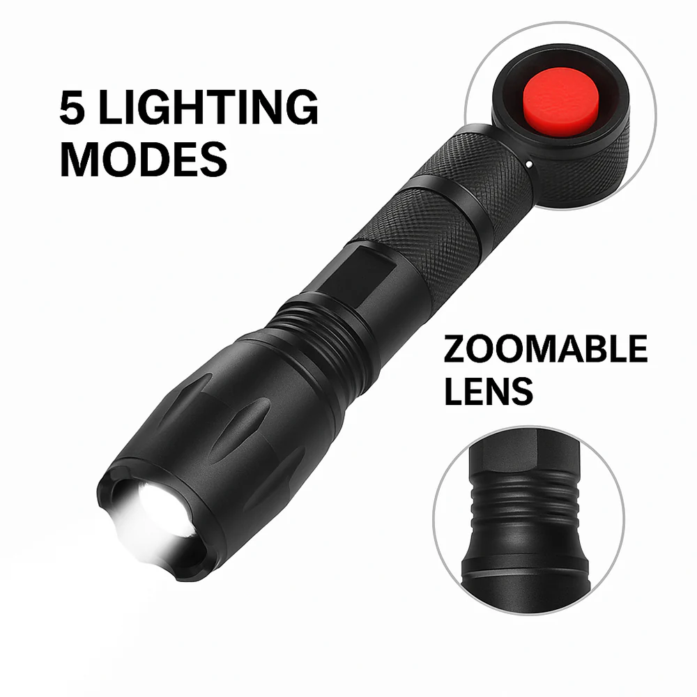 Taclight LED zoom lommelygte (vandtæt og stødsikker) m/5 funktioner - Image 5