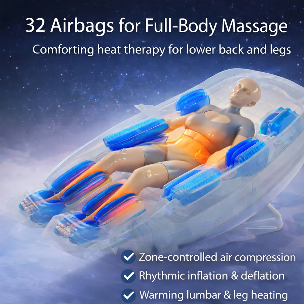 Massagestol 4D kropsscanning, Dual Zone Stretching, 32 airbags, varme i ben/læn & Zero Gravity - Model 988A - Image 6