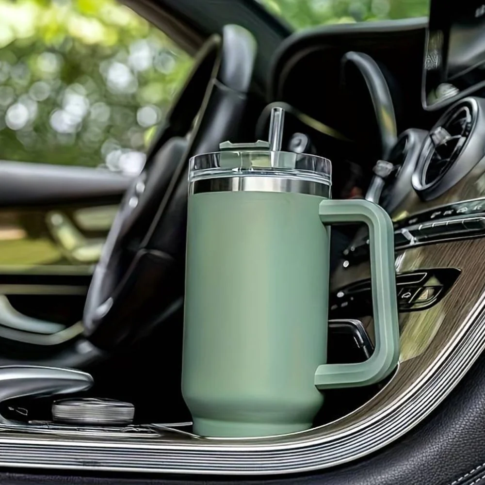 Tumbler termokop 1200 ml med håndtag, låg og sugerør (perfekt til kold/varm drikke) - Image 2