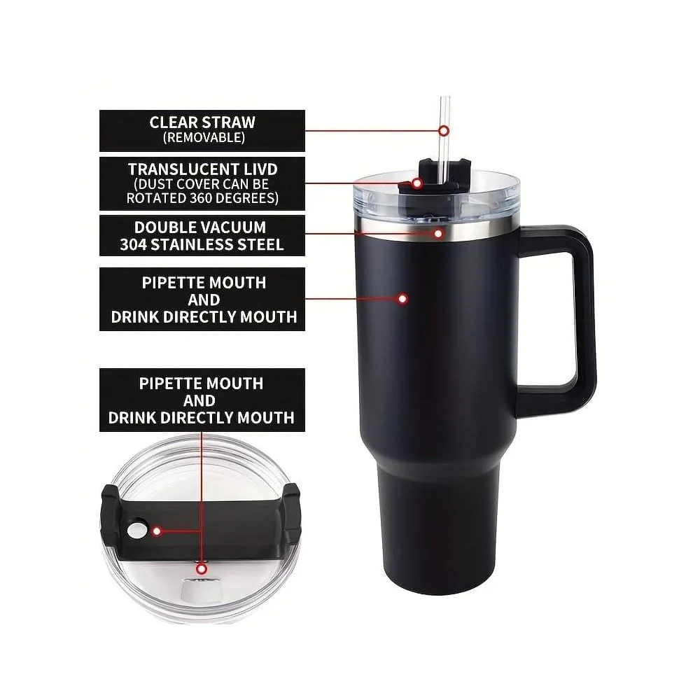Tumbler termokop 1200 ml med håndtag, låg og sugerør (perfekt til kold/varm drikke) - Image 6