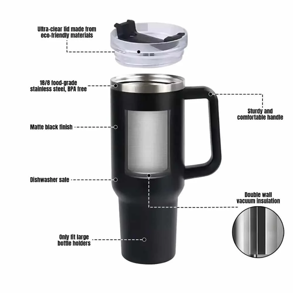 Tumbler termokop 1200 ml med håndtag, låg og sugerør (perfekt til kold/varm drikke) - Image 9